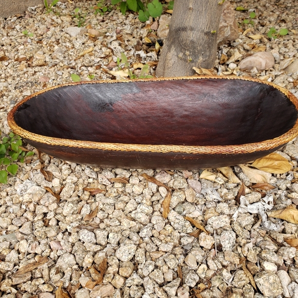 VTG Large Wooden Decorative Oval Bowl Hand Crafted with Rattan Woven Edge - Picture 6 of 11